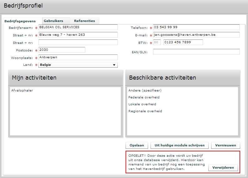 Scheepsafval_v1-3 Beheren mijn gegevens Beheren bedrijfsprofiel in het navigatiekader, klik op de knop Mijn gegevens in het navigatiekader, klik op het label Bedrijfsprofiel in het werkkader