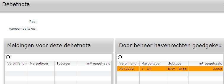 Om een melding te markeren voor op de bijlage van de debetnota: in het navigatiekader, klik op de knop Scheepsafval in het navigatiekader, klik op het label Debetnota's in het