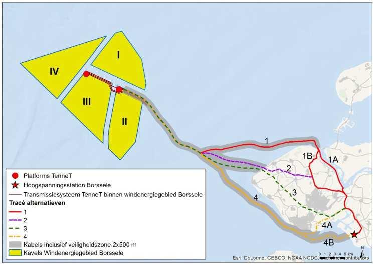 4.2.2 Tracéalternatieven In het MER net op zee Borssele 21 zijn drie routes vergeleken: 1. Zo snel mogelijk aanlanden en dan over land naar hoogspanningsstation Borssele; 2.