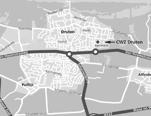 Wegwijzer CWZ Druten Met de auto Vanuit Nijmegen: Neem de A73 richting Arnhem. Neem op knooppunt Ewijk de N322 richting Druten. Neem na 4 km de eerste afslag Deest/Afferden/Bergharen.