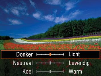 Druk op de knop <o><p> om een instellingsitem te selecteren en druk vervolgens op de knoppen <q><r> terwijl u naar het scherm kijkt om de waarde aan te passen. Druk op de knop <m>. Maak de opname.