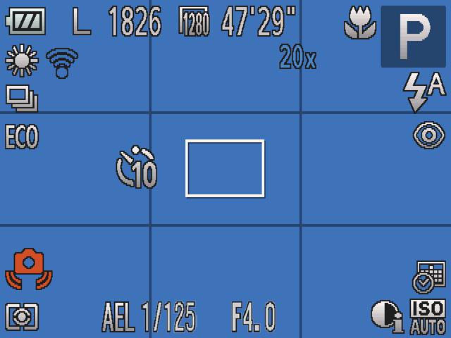 Informatie op het scherm Opname (informatieweergave) Batterijniveau (= 9) Witbalans (= ) Transportmodus (= ) Eco-modus (=, ) Zelfontspanner (= ) Waarschuwing: camera beweegt (= ) Meetmethode (= 0)
