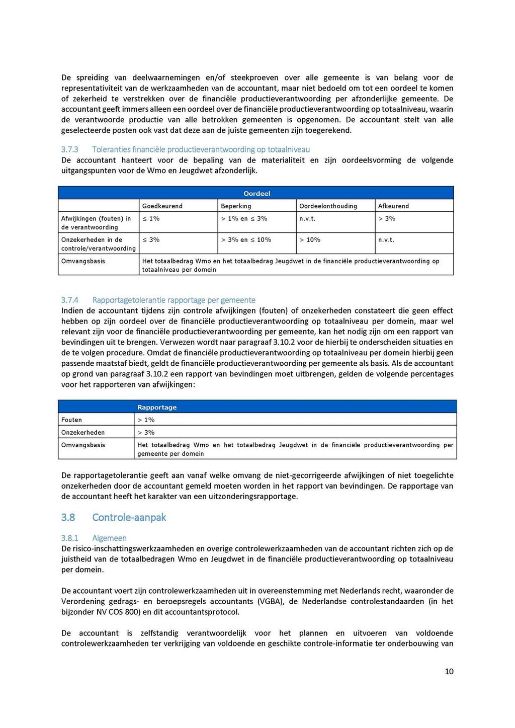 De spreiding van deelwaarnemingen en/of steekproeven over alle gemeente is van belang voor de representativiteit van de werkzaamheden van de accountant, maar niet bedoeld om tot een oordeel te komen