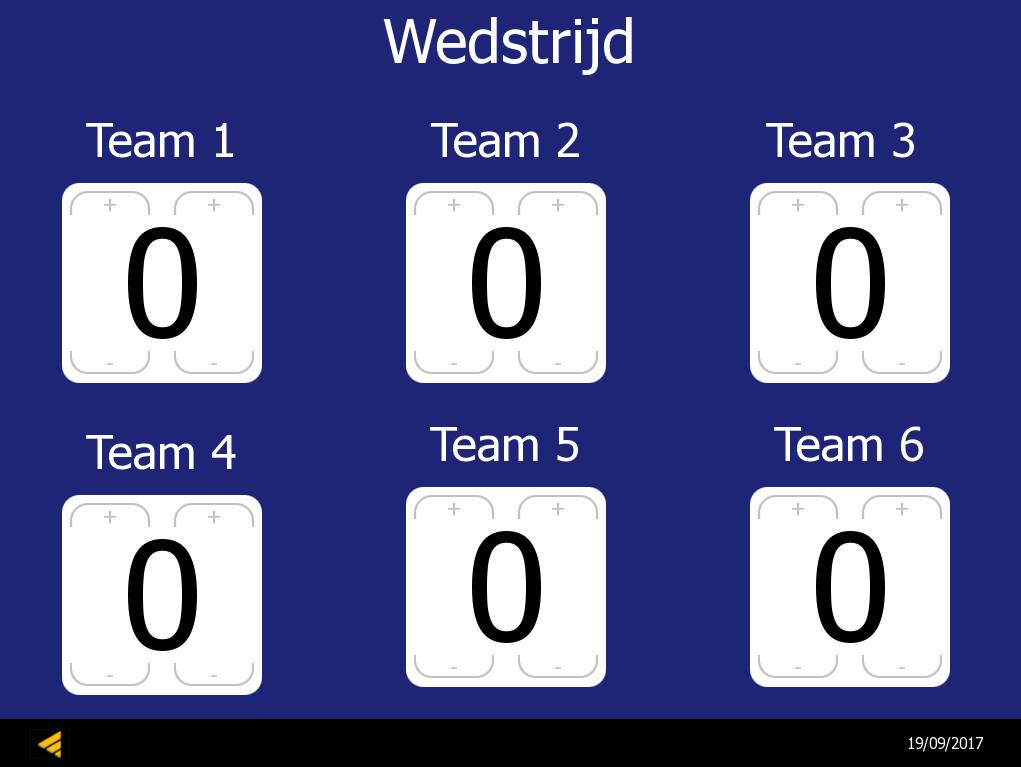 Team Teamscorebord: Met dit programma hebben we de mogelijkheid geschapen, om met maximaal zes teams of groepen, een telling bij te houden. Elk team heeft een scorebereik van 0 99.