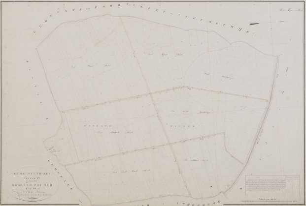 Kadastrale kaarten van de Broek- en Roolandpolder in 1832. De Broek- en Roolandpolder werd in de 15 e eeuw t Nieuwland en Nieuw of St. Joostlandpolder genoemd. Sectie B. Roolandpolder. De Bieslandsedijk ten noorden van de Roolandpolder is omstreeks 1955 afgegraven.