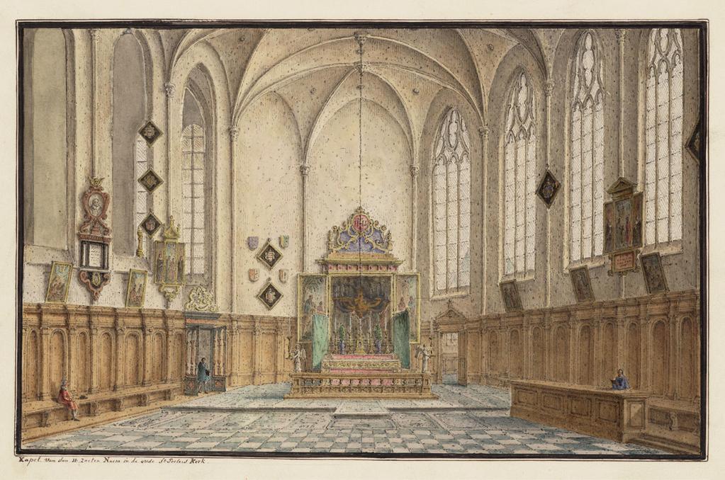 Een impressie van de kapel van de Zoete Naam Jezus door de Mechelse kunstenaar Jan-Baptist De Noter (1786-1855) toont onder andere het hoogaltaar van Theodoor Verhaegen (1700-1759).