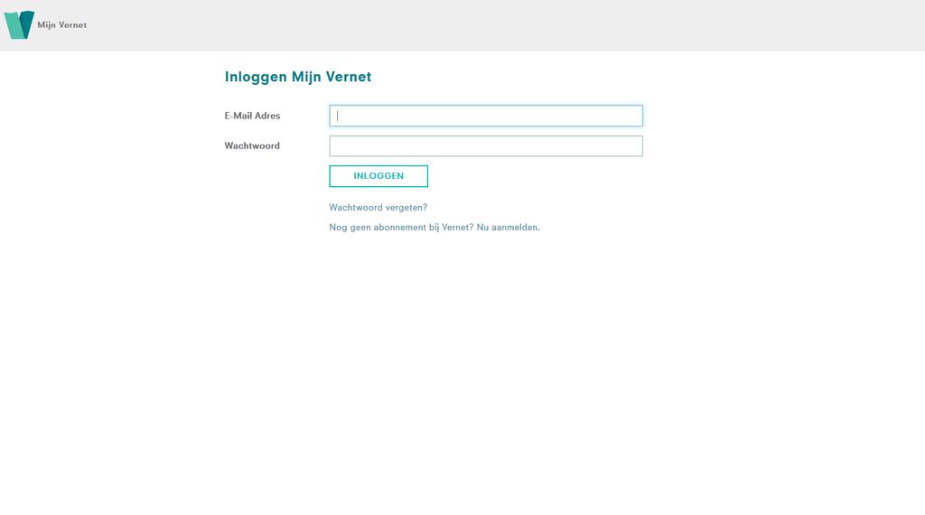 Inloggen op mijn.vernet.nl Vul emailadres en Wachtwoord in. En klik op Inloggen.