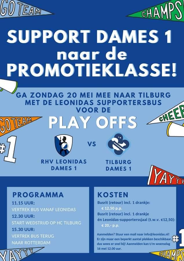 Deze zondag speelt ons Dames 1 tegen Tilburg Dames 1 een spannende wedstrijd tijdens de Play Offs! Deze wedstrijd is allesbepalend voor een plek in de promotieklasse voor onze blauw-witte heldinnen.