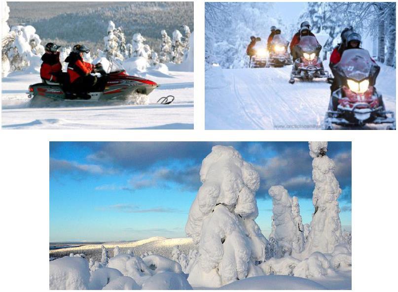 Terugkeer per sneeuwscooter via de top van Kaunispää berg. Van hieruit zijn op heldere dagen in de verte de toppen van de bergen aan de Russische grens zichtbaar.