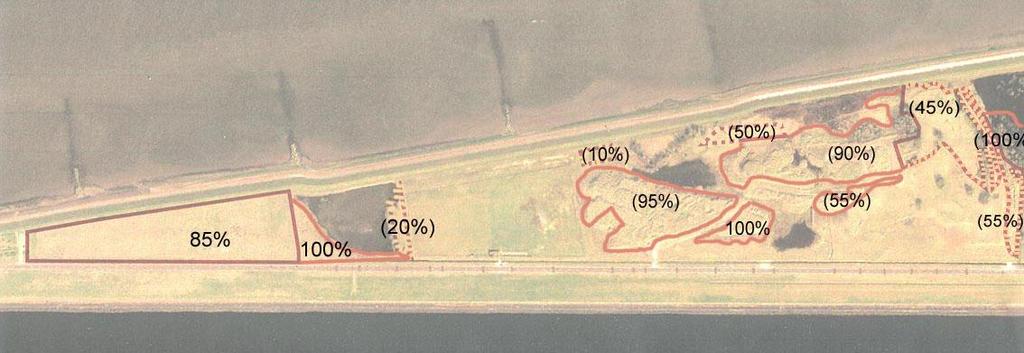 Figuur 7: Het aantal hectares begroeid met bos en struweel in de Begrazingsweide op de Landtong. Figuur 8: Het zuidelijke deel met de nieuwe vakindeling en bijbehorende percentages.