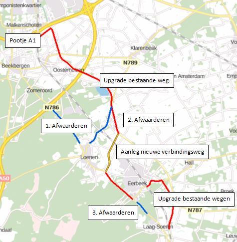 Variant 3A: Grote route shift Deze variant gaat uit van een gedeeltelijke verschuiving van het huidige tracé van de N786 naar het tracé langs het Apeldoorns Kanaal in combinatie met een verbeterde