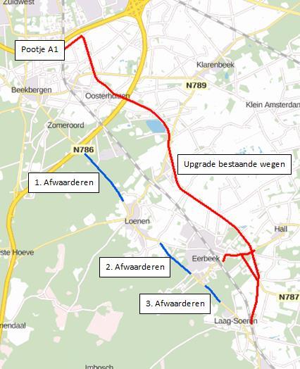 Variant 5A: Kanaalroute Deze variant gaat uit van een volledige verschuiving van het huidige tracé van de N786, naar een tracé langs het Apeldoorns Kanaal.