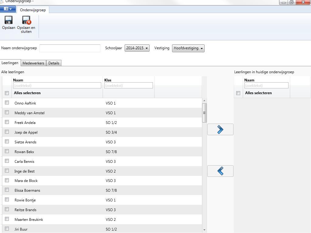 Schermafbeelding 17. Onderwijsgroep toevoegen. Daaronder is het scherm onderverdeeld in drie tabbladen, namelijk Leerlingen, Medewerkers en Details. 1.5.1.1 Leerlingen In het tabblad Leerlingen kiest u welke leerlingen u naar de onderwijsgroep wilt verplaatsen (Schermafbeelding 17).