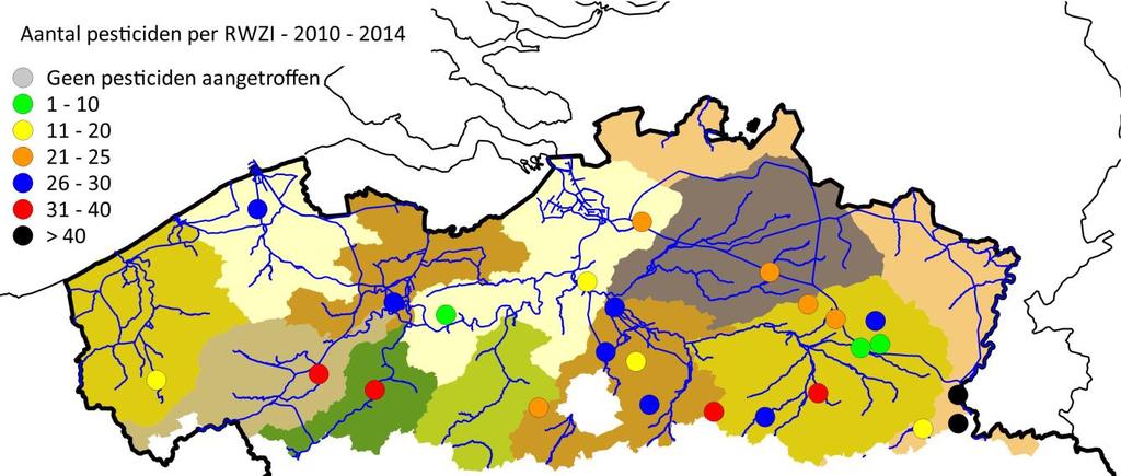 3.1.1 Individuele resultaten 3.1.1.1 Per RWZI Op alle 25 RWZI s worden bestrijdingsmiddelen aangetroffen in het influent en/of het effluent.