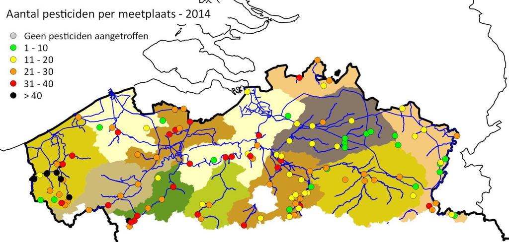 2 PESTICIDEN IN OPPERVLAKTEWATER 2.1 Aanwezigheid van pesticiden Reeds 20 jaar lang speurt VMM systematisch naar bestrijdingsmiddelen in oppervlaktewater.