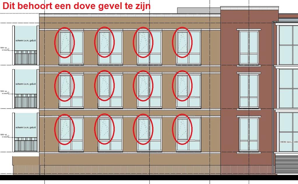 Ook in het aanzicht van het appartementencomplex zijn de openslaande ramen te zien. De twaalf openslaande ramen zijn niet toegestaan.