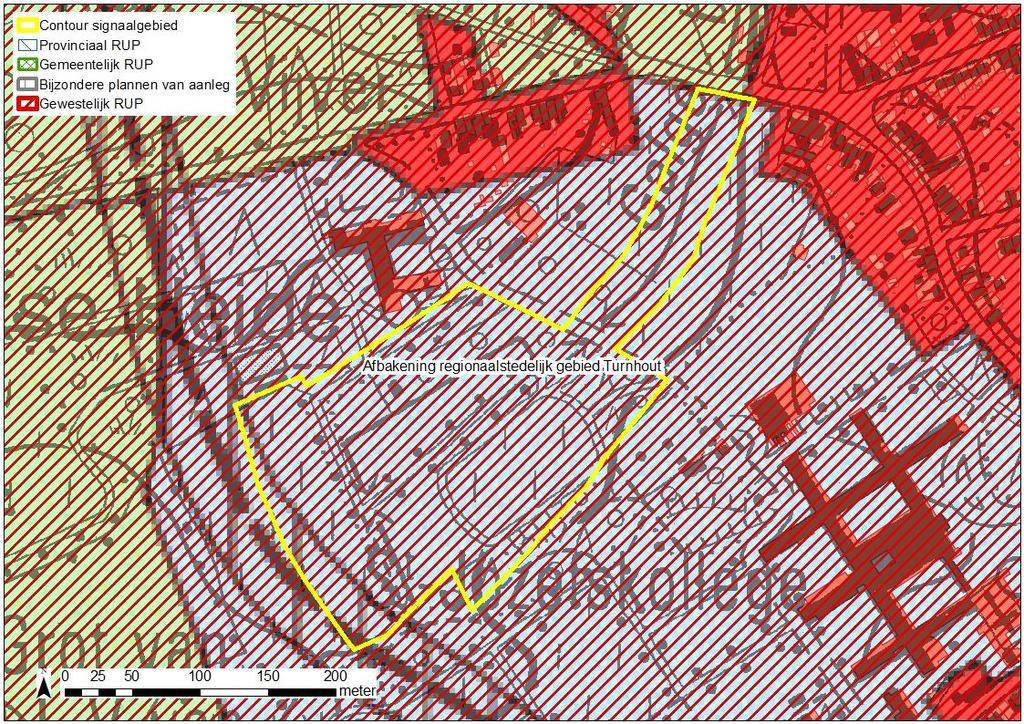 Figuur: situering signaalgebied op gewestplan met aanduiding van goedgekeurde BPA s en RUP s en weergave van de bebouwingstoestand volgens het Grootschalig Referentiebestand GRB.