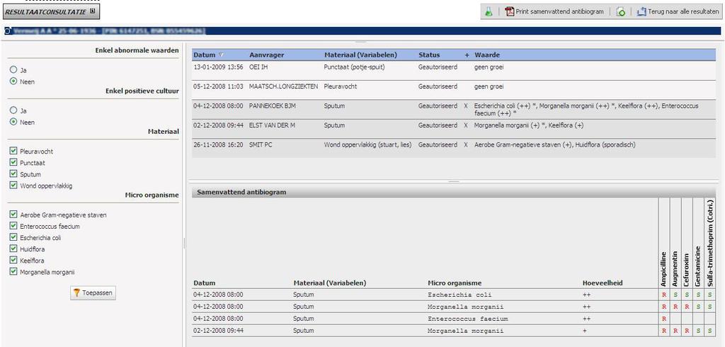 CyberL@b: Online inzien van Laboratorium uitslagen 4 / 8 Microbiologie scherm Als in het resultaatconsultatiescherm op de knop geklikt wordt dan wordt een scherm geopend waarop alle bekende