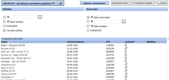 Klik zoeken om het overzicht op te vragen Er wordt nu een overzicht getoond van alle patiënten waarvoor in de afgelopen periode (zie instellingen hieronder) nieuwe resultaten beschikbaar zijn gekomen.