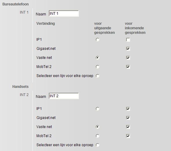 Inkomende/uitgaande lijnen toewijzen aan basistelefoon/ handsets, interne namen wijzigen U kunt aan de basistelefoon en aan elke aangemelde handset een willekeurig aantal van uw verbindingen