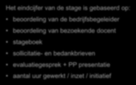 Beoordeling van de stage Het eindcijfer van de stage is gebaseerd op: beoordeling van de bedrijfsbegeleider beoordeling van