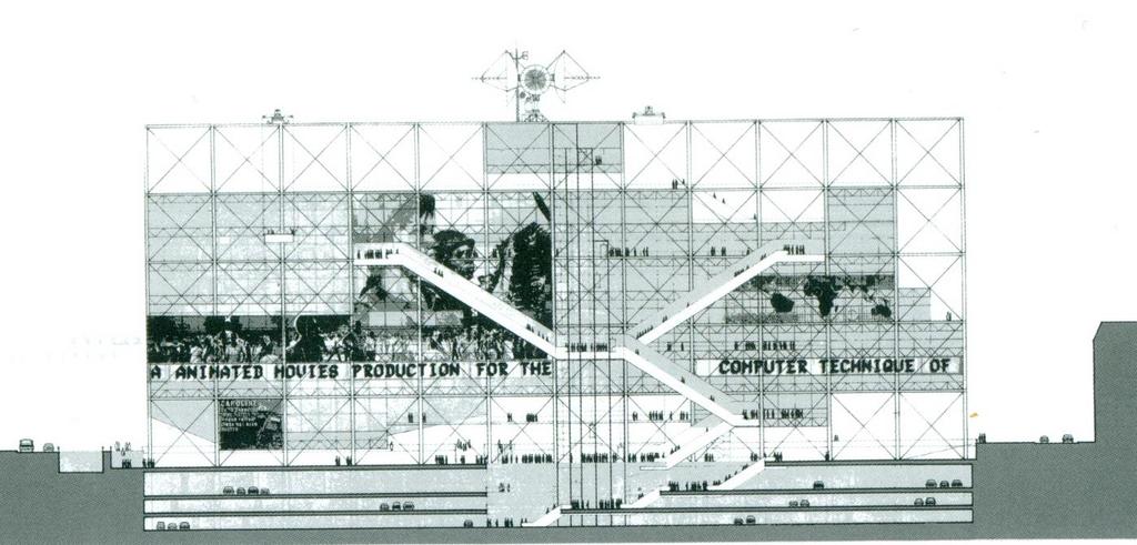 Wedstrijdinzending 1972 (uit publicatie Dal Co) In hun wedstrijdinzending waren de roltrappen aan de buitenzijde reeds aanwezig maar dan in een zig-zag verloop.