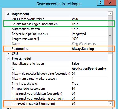 Stap 5: Configureren geavanceerde instellingen toepassingsgroep King Webservices Selecteer bij Algemeen > 32-bits