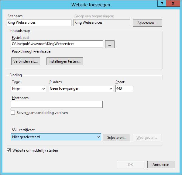 Kies bij Binding of de site benaderbaar moet zijn via http of https. Kies bij Binding een poort. Let op dat deze niet reeds in gebruik is. U krijgt een melding als dat wel zo is.