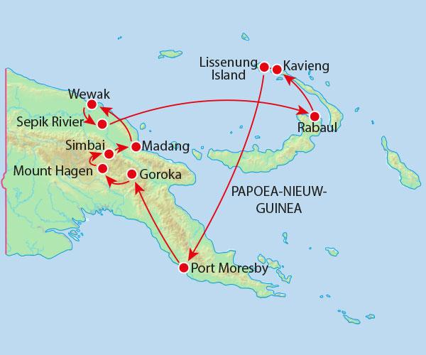 Rondreis PAPOEA-NIEUW-GUINEA 23 dagen Sing-Sings en de machtige Sepik rivier Reiscode: Groepsgrootte: Aantal dagen: OPG 8-14 23 Uitgebreide routebeschrijving Route Welkom Papoea-Nieuw-Guinea is met