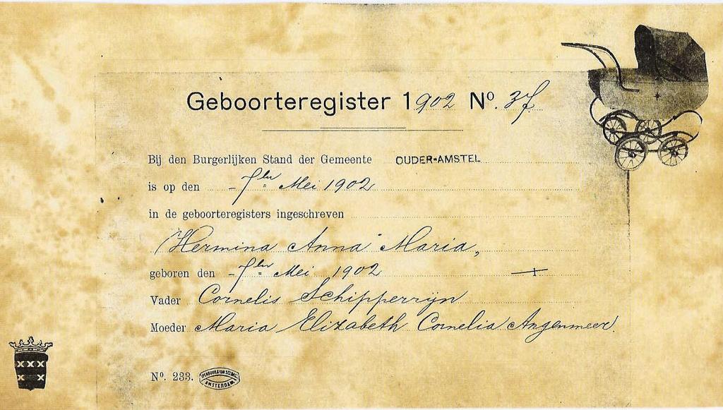Op 7 mei 1902 ging hun kinderwens in vervulling en werd in Duivendrecht geboren: Hermina Anna Maria Schipperijn. Zij zou 87 jaar oud worden en ongehuwd blijven.