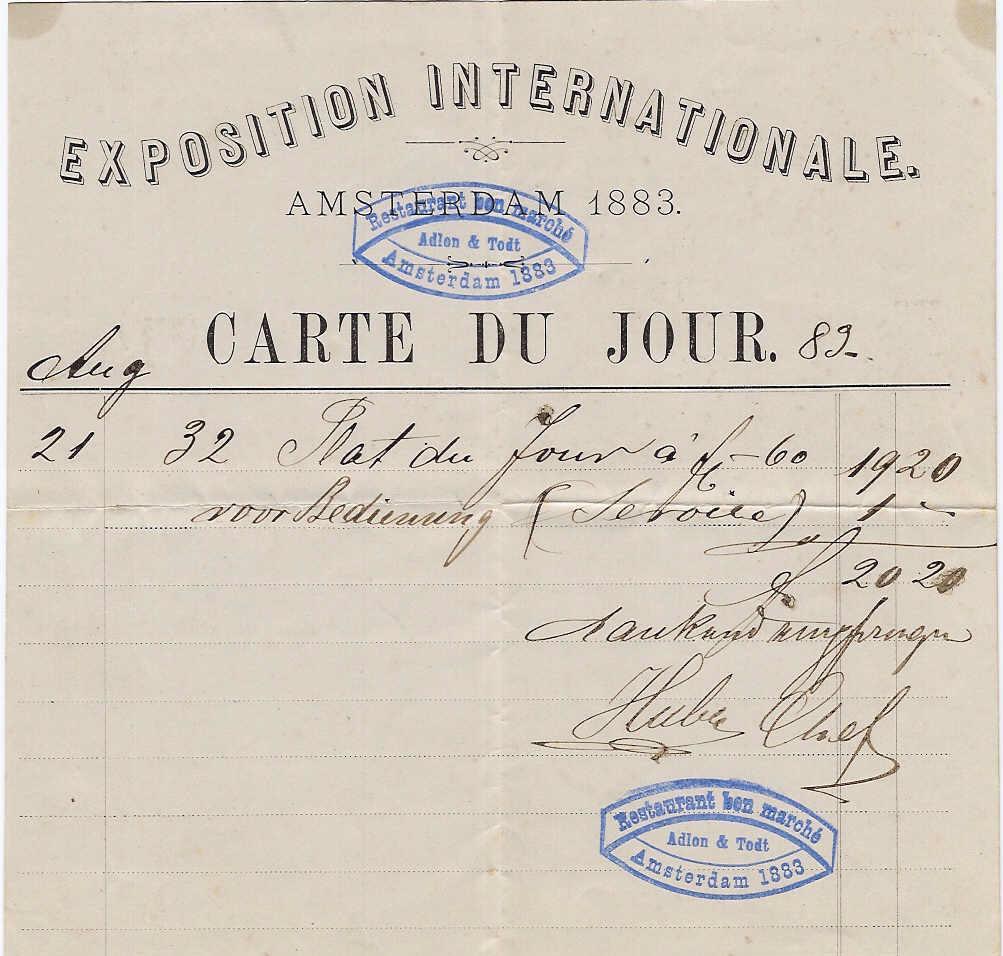 Een rekening van restaurant Bon Marché Adlon & Todt uit augustus 1889 laat zien dat voor f 20,20 gedineerd is inclusief een fooi van een gulden.