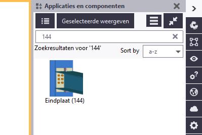3. Zoek nu een component op die u wilt toevoegen aan uw eigen groep, bijvoorbeeld Eindplaat (144): De zoekopdracht gebruikt de volgende regels: Niet-numerieke zoektermen vinden gedeeltelijke