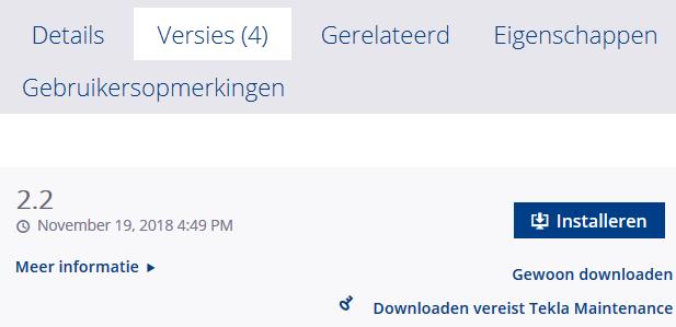 Klik op de afbeelding zodat de details van de inhoud worden weergegeven en klik vervolgens op het tabblad Versies: Wanneer u kiest voor Installeren is de