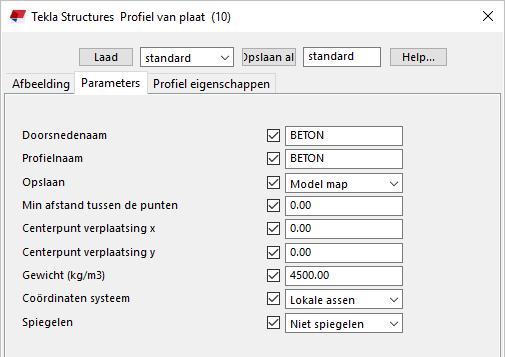 3. Ga naar tabblad Parameters, u kunt hier het volgende definiëren: Invulveld Doorsnedenaam Profielnaam Min afstand tussen de punten Centerpunt verplaatsing x Centerpunt verplaatsing y Gewicht