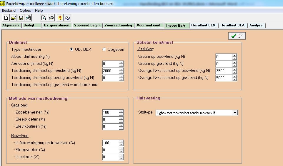 Tabblad voorraad eind Eindvoorraden mag een veehouder zelf inschatten, deze komen immers weer als beginvoorraad naar voren in de BEX-berekening van het volgende jaar.