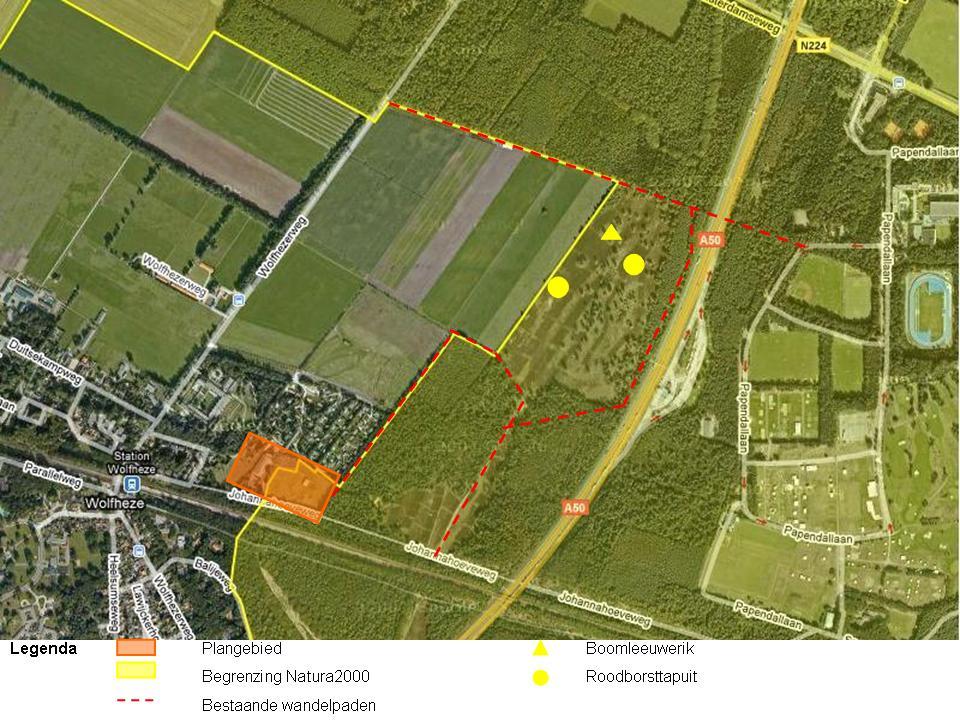 Op bijgevoegde kaart zijn de locaties weergegeven van de waargenomen kwalificerende soorten, te weten de Boomleeuwerik en de Roodborsttapuit.