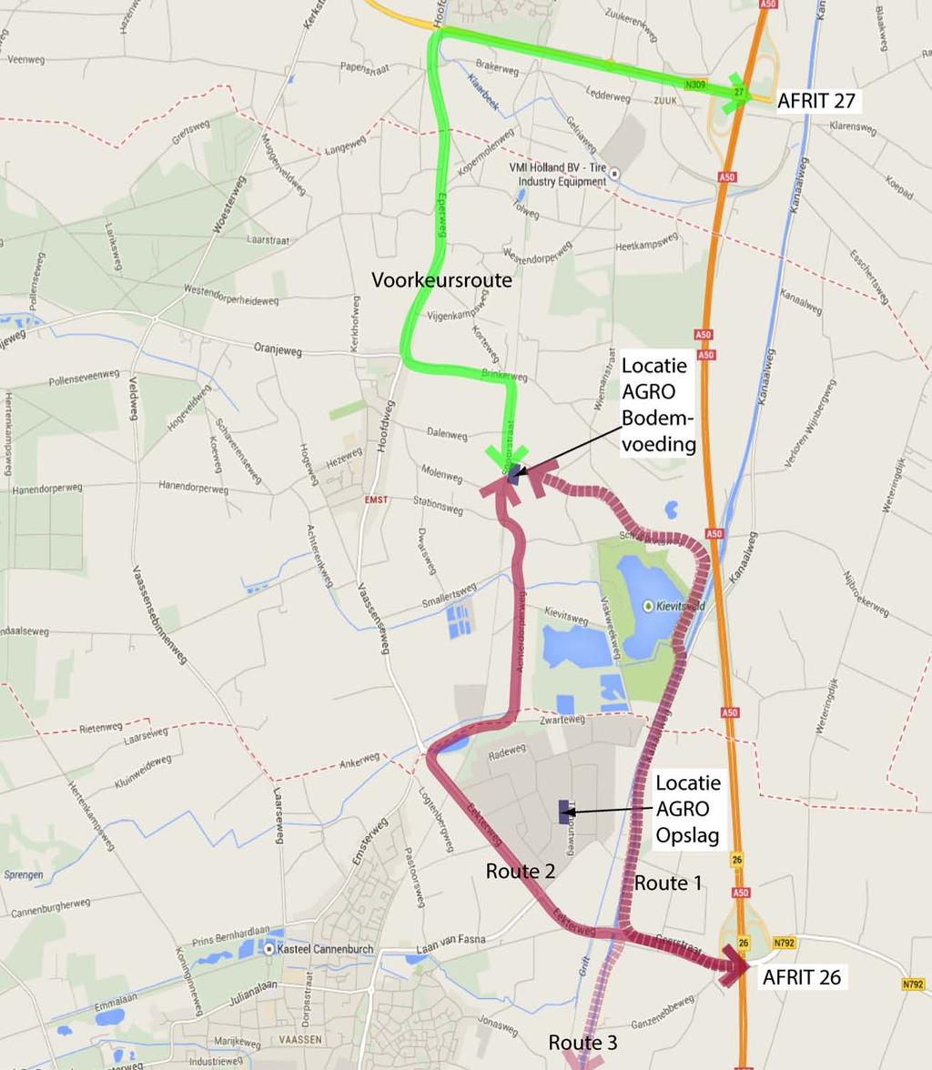 Afbeelding 2.1: aanrijdroutes richting Agro Bodemvoeding vanaf de A50 Parkeren Op het terrein van Agro Bodemvoeding zijn 6 parkeerplaatsen aanwezig.