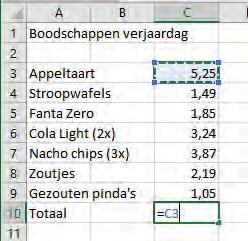 Excel Basiskennis Rekenen met Excel Je koopt twee flessen Cola Light. 1 fles kost 1,62. Twee flessen kosten dus 1,62 + 1,62. 1.4 Berekeningen 1 Typ in cel C6: =1,62+1,62 Vergeet het =-teken niet!