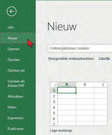 Beginnen met Excel 1 Je werk opslaan Voor je de nieuwe oefening maakt, sla je eerst de werkmap op. Daarna open je een nieuwe werkmap voor in de Eindopdracht. 1.8 Opslaan en nieuw werkblad 1 Kies Bestand en dan Opslaan om je werkmap op te slaan.