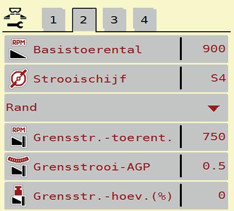 4 Bediening AXIS-H ISOBUS 4.4.6 Grensstrooimodus In dit menu kunt u de passende strooimodus aan de veldrand selecteren. 1 2 Afb. 4.6: [1] Randstrooien [2] Grensstrooien Instelwaarden grensstrooimodus 1.