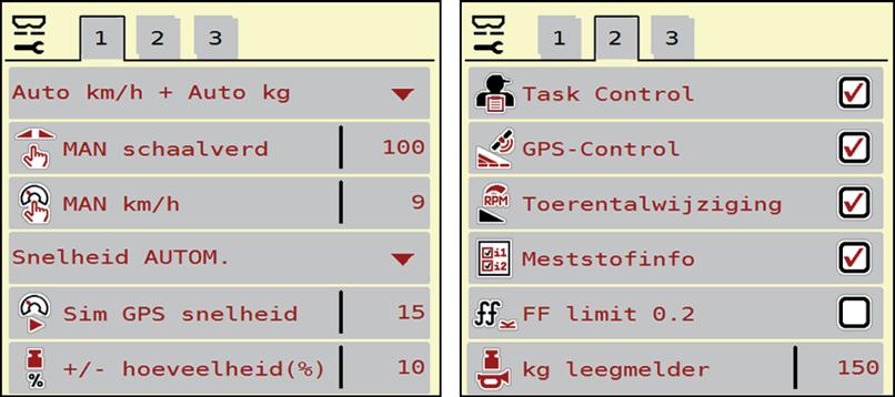 Bediening AXIS-H ISOBUS 4 4.5 Machine-instellingen In dit menu voert u de instellingen voor de tractor en de machine uit. Menu Machine-instellingen oproepen. Afb. 4.11: Menu Machine-instellingen, tabblad 1 en 2 Afb.