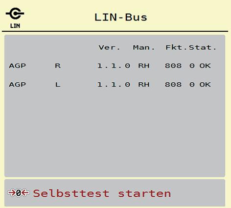 4 Bediening AXIS-H ISOBUS Voorbeeld bus LIN 1. Menü Systeem/test > Test/diagno se oproepen. 2. Menu-item Linbus oproepen. Het display toont de status van de stelmotoren/sensoren. 3 1 2 Afb. 4.