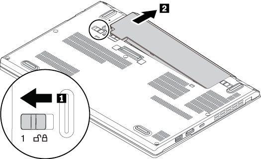 5. Open de batterijvergrendeling 1 aan de rechterkant.