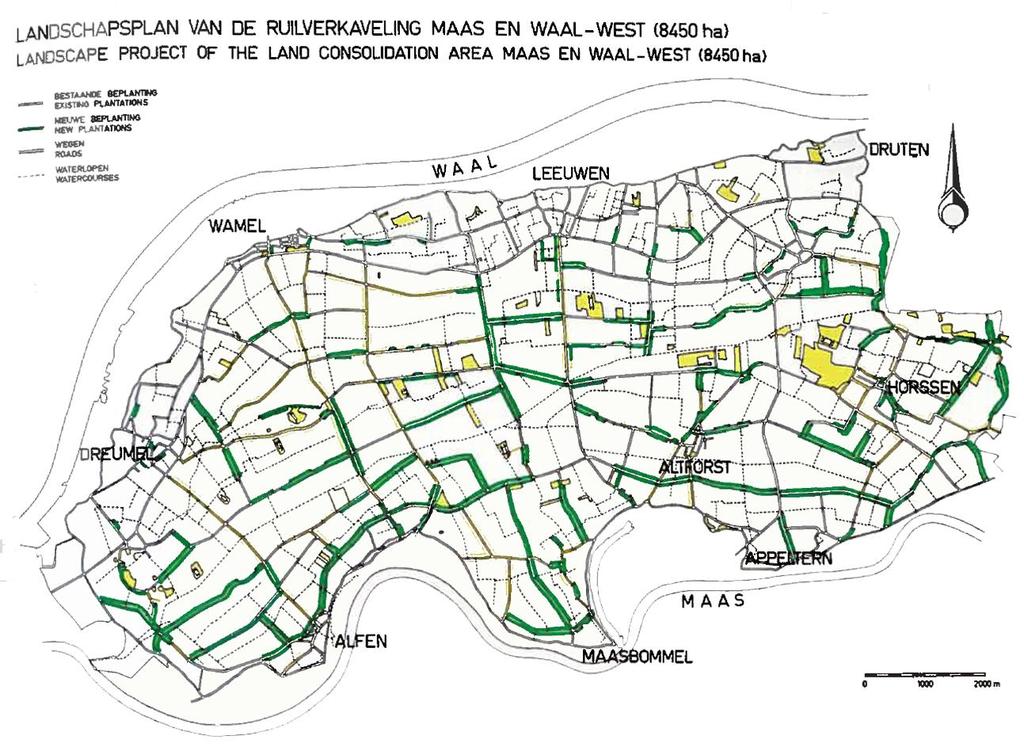 1.5 Landschapsplan In grote lijnen heeft het landschap in het wederopbouwgebied Maas en Waal-West de volgende kenmerken: Open, grootschalig weide- en akkergebied; Ingepaste eendenkooien, verspreide