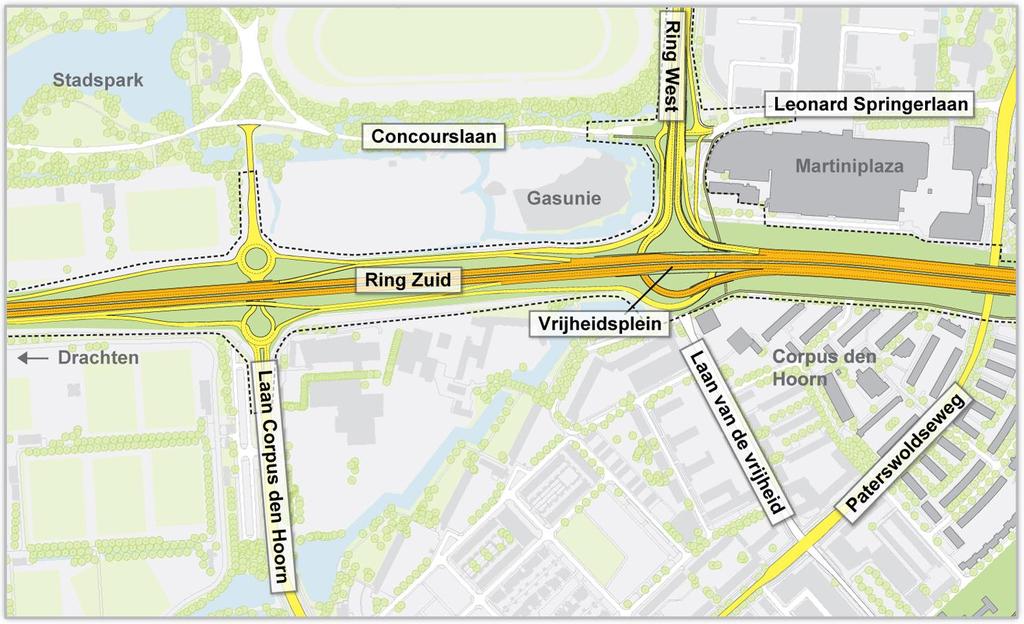 2. Thema West (Corpus den Hoorn - Julianaplein) Kaart 1: Een stuk van het westelijke deel van de zuidelijke ringweg De heer De Vries vraagt hoe er straks vanaf het zuiden naar de