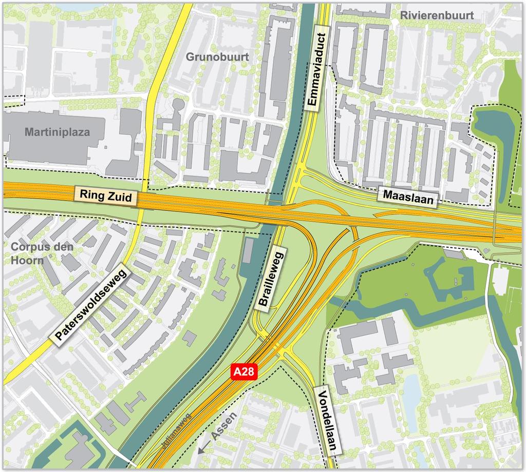Kaart 2: Het gebied rondom het Julianaplein 2.1 Reactie Thema West Grunobuurt/Laanhuizen kan in het huidige ontwerp vanaf het zuiden worden bereikt via: 1.