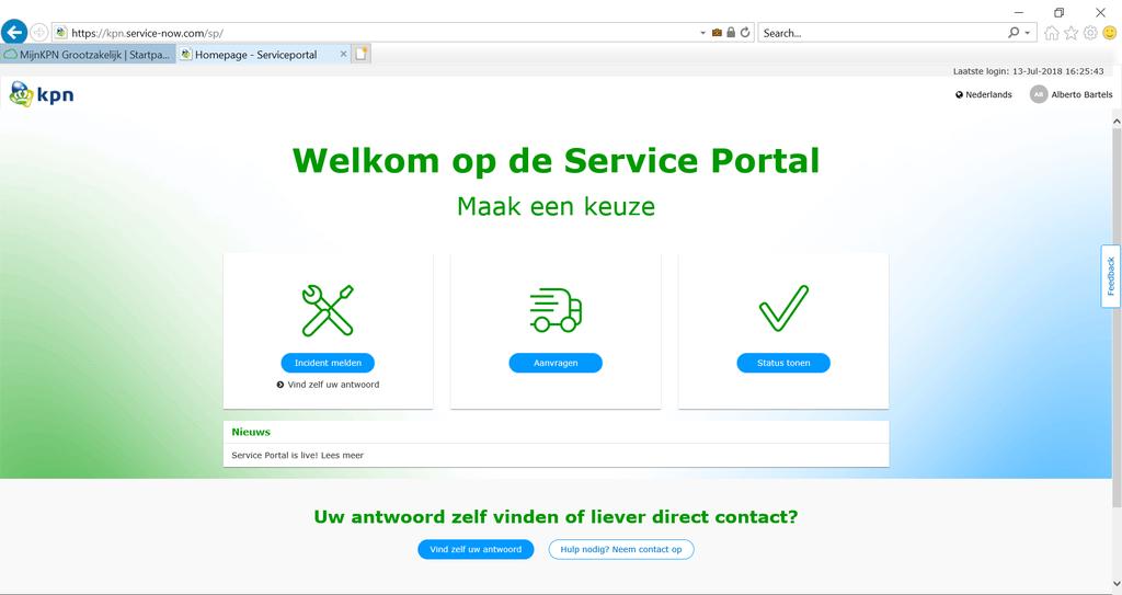 Indienen van een storingsmelding op een van de diensten die KPN u levert Indienen van een serviceverzoek welke via de Service Portal afgehandeld wordt Vind informatie