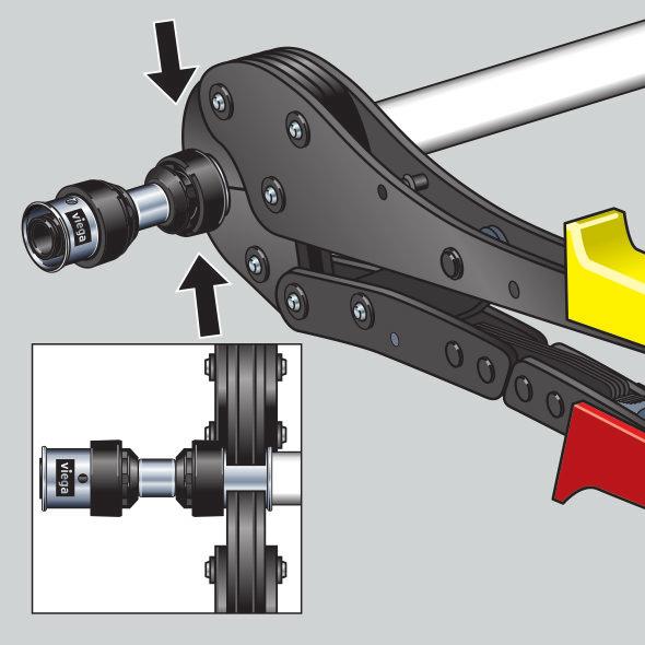 Alternatief: fitting met handgereedschap persen De handperstang openen en in een