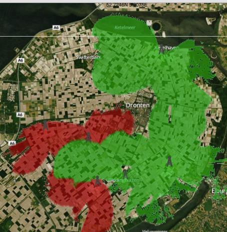 Figuur 4. In het groen is de dekking van Greenet in Dronten weergegeven. Het rode gebied moet nog aangelegd worden. 2.