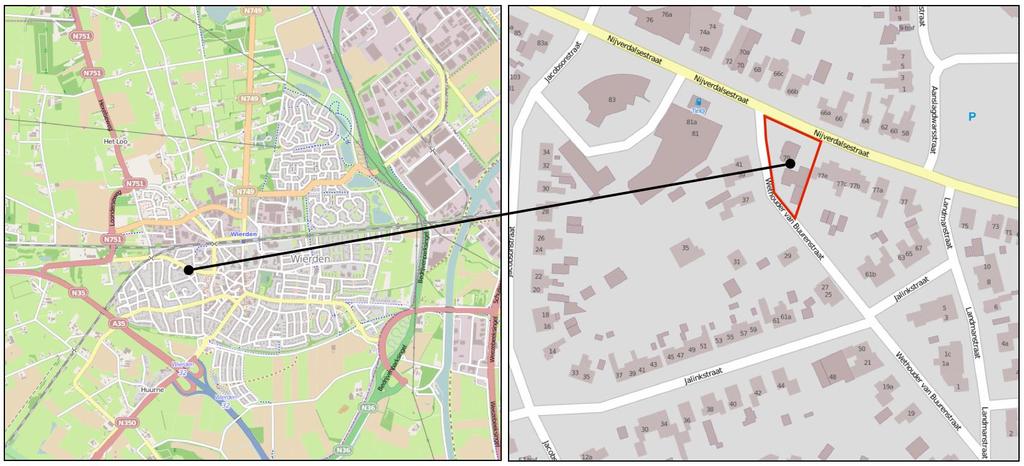 Afbeelding 1.1: Ligging van het plangebied in de kern Wierden en ten opzichte van de directe omgeving (Bron: ArcGIS) 1.